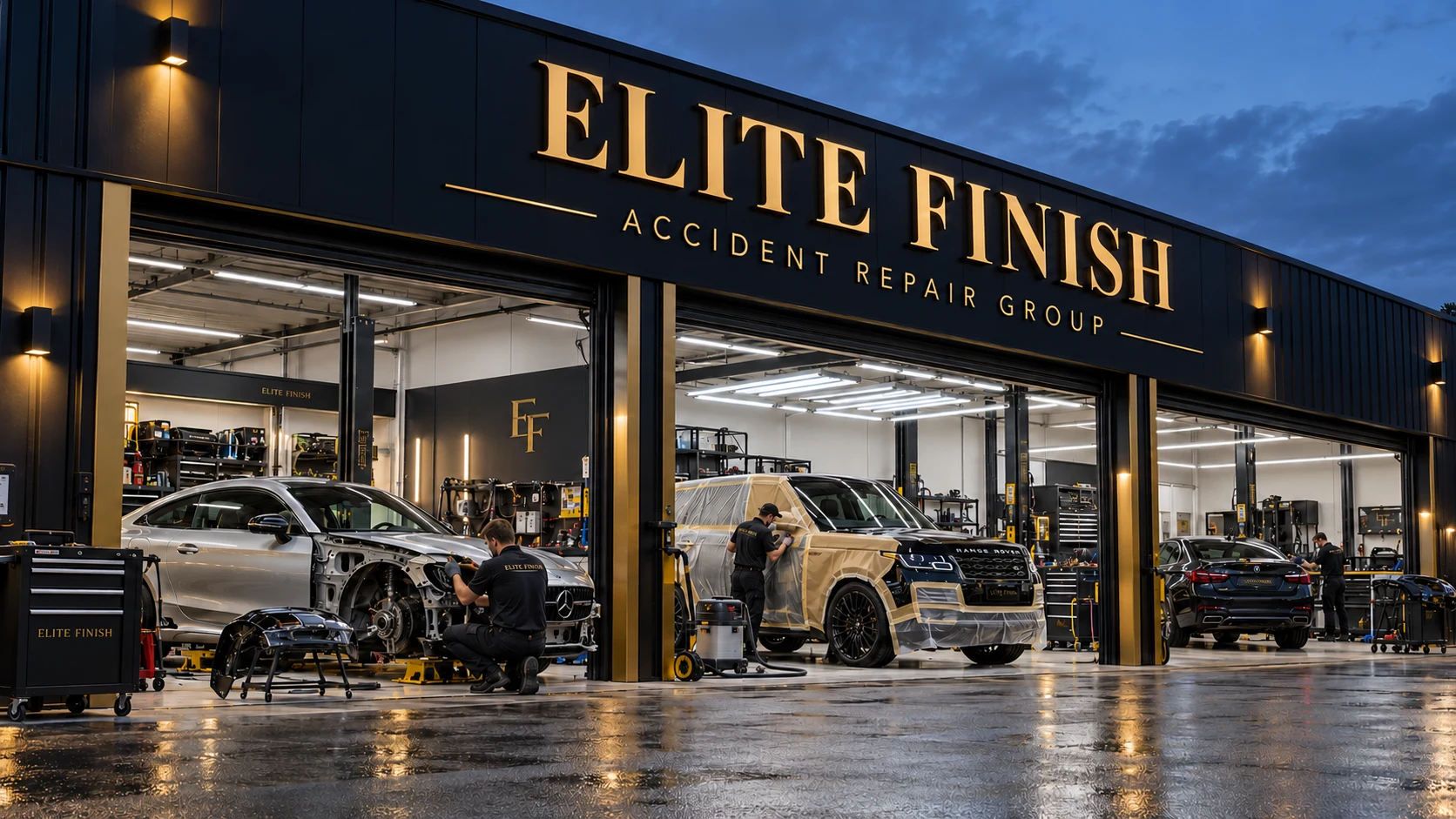 Illustrative Elite Finish workshop with black and gold signage and vehicles being repaired